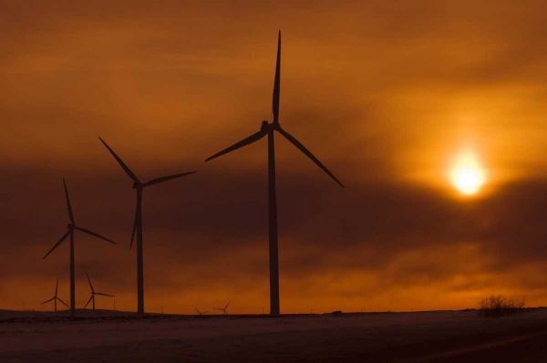 Canada, Somerset Wind turbines at sunset